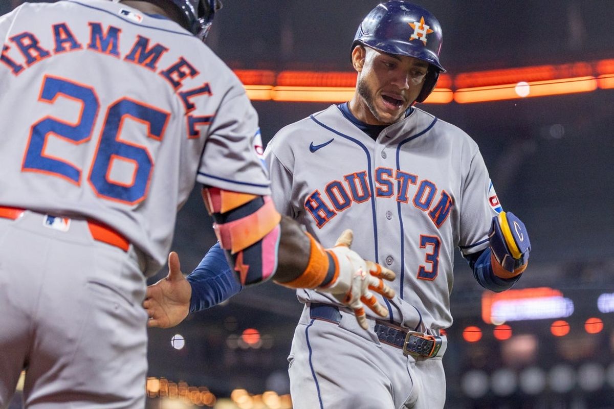 Aug 10, 2026; San Francisco, California, USA; Houston Astros shortstop Jeremy Pena (3) comes in to score during the 10th inning against the San Francisco Giants at Oracle Park. Mandatory Credit: Bob Kupbens-Imagn Images