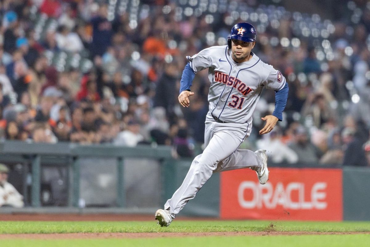 Aug 10, 2026; San Francisco, California, USA; Houston Astros left fielder LaMonte Wade Jr. (31) comes in to score during the tenth inning against the San Francisco Giants at Oracle Park. Mandatory Credit: Bob Kupbens-Imagn Images