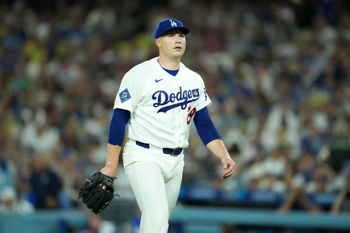 Aug 10, 2026; Los Angeles, California, USA; Los Angeles Dodgers pitcher Tarik Skubal (29) reacts at the end of the firth inning against the Kansas City Royals at Dodger Stadium. Mandatory Credit: Kirby Lee-Imagn Images