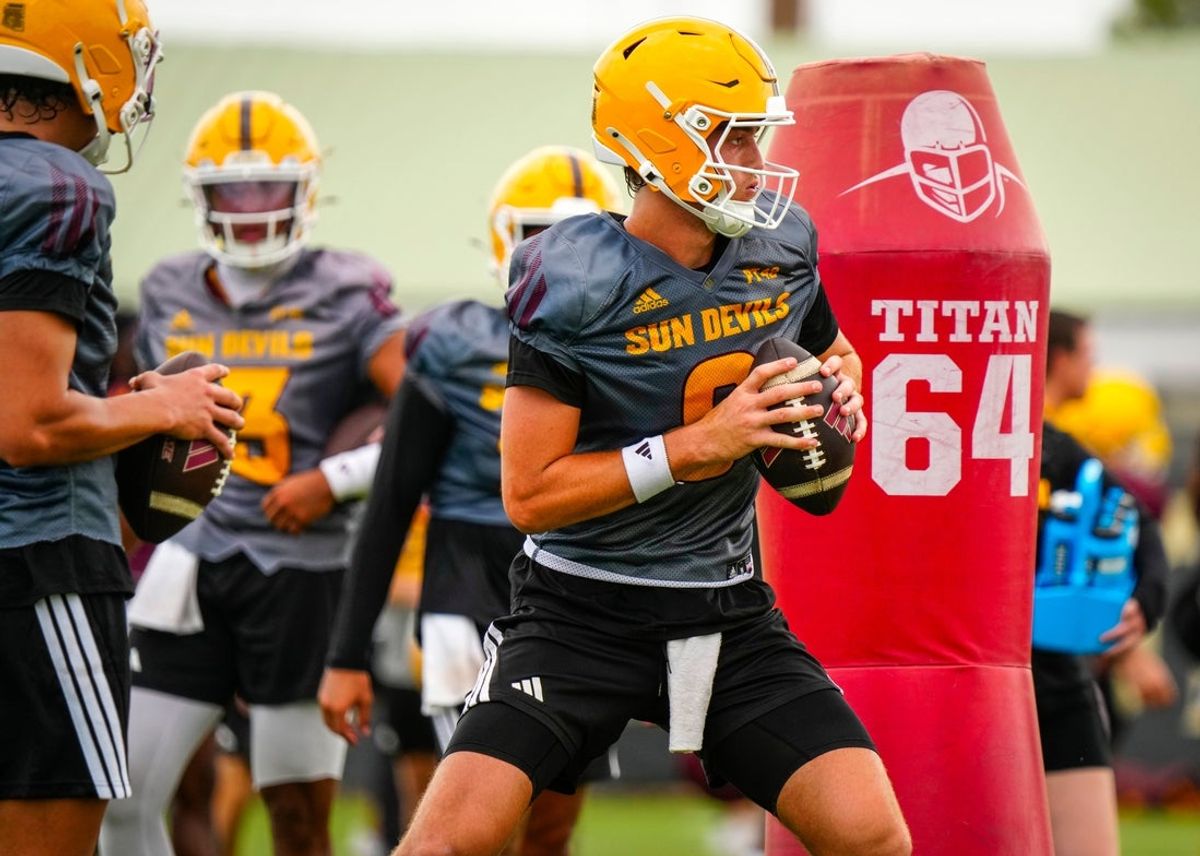 Arizona State quarterback Cutter Boley (8) runs passing drills during a football practice in Tempe on Aug. 5, 2026.