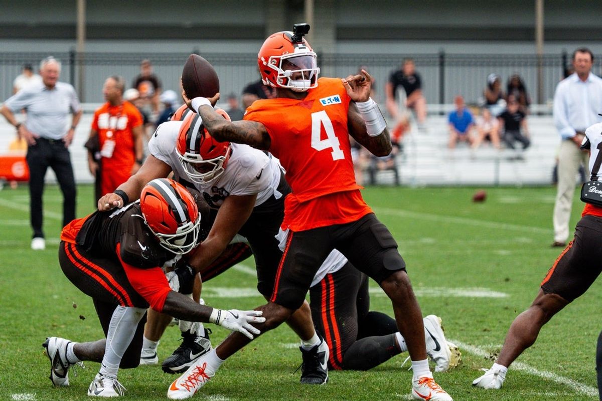 Cleveland Browns quarterback Deshaun Watson (4) attempts to throw a pass during day 12 of training camp, Aug. 11, 2026, in Berea, Ohio.