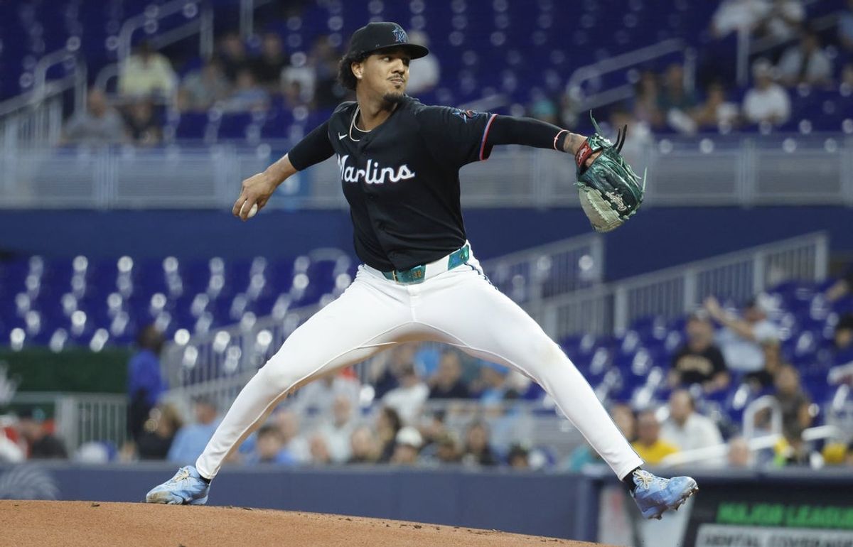 Aug 11, 2026; Miami, Florida, USA;  Miami Marlins pitcher Eury Perez (39) throws against the Pittsburgh Pirates during the first inning at loanDepot Park. Mandatory Credit: Rhona Wise-Imagn Images