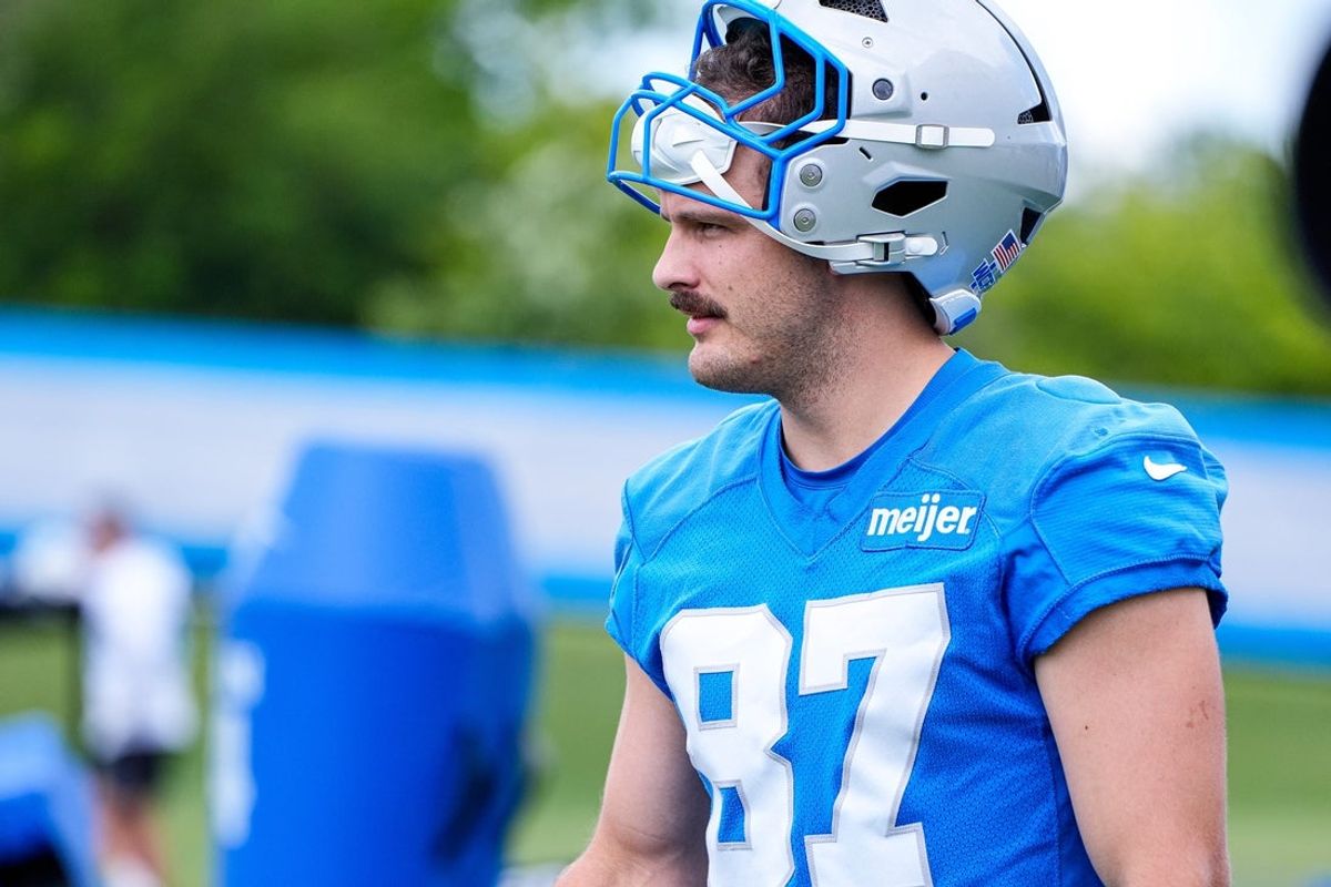 Detroit Lions tight end Sam LaPorta during mini camp at Meijer Performance Center in Allen Park.