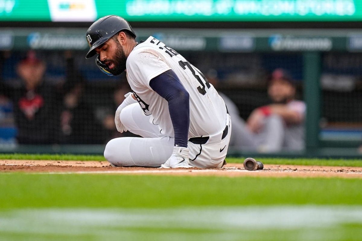 Detroit Tigers left fielder Riley Greene (31) on the ground after hit by pitch during the second inning at Comerica Park in Detroit on Tuesday, August 11, 2026.