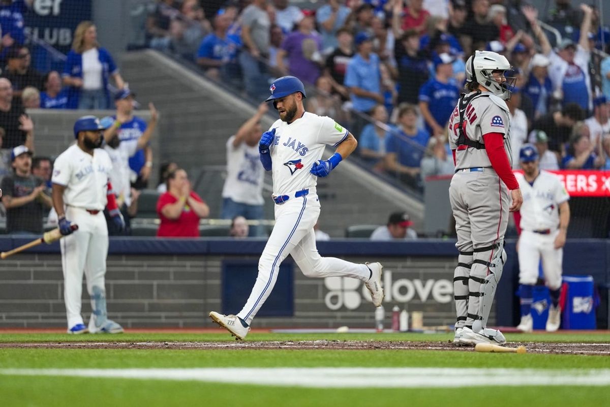 Aug 11, 2026; Toronto, Ontario, CAN; Toronto Blue Jays right fielder Nathan Lukes (38) crosses home plate to score against the Boston Red Sox during the third inning at Rogers Centre. Mandatory Credit: Kevin Sousa-Imagn Images