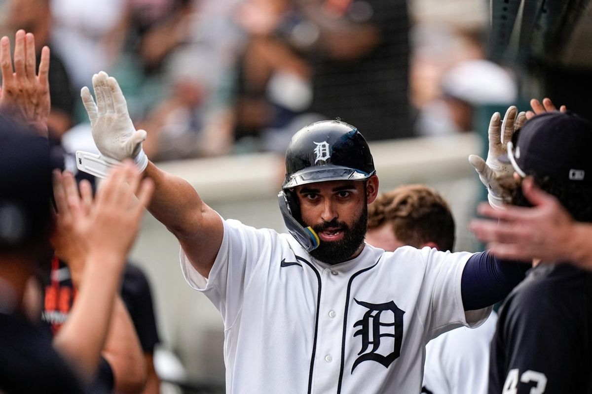 Detroit Tigers left fielder Riley Greene (31) celebrates scoring a run against Cleveland Guardians during the second inning at Comerica Park in Detroit on Tuesday, August 11, 2026.
