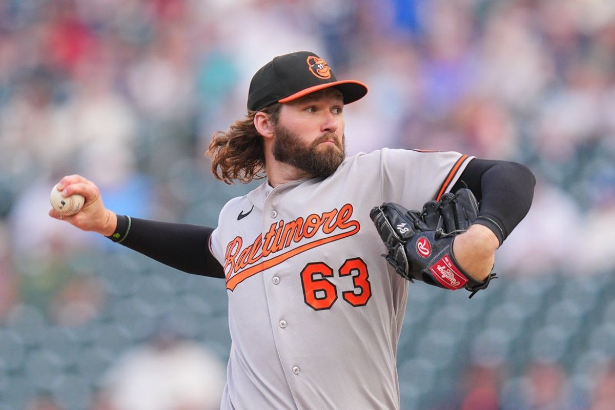 Aug 11, 2026; Minneapolis, Minnesota, USA; Baltimore Orioles pitcher Brandon Young (63) pitches against the Minnesota Twins in the first inning at Target Field. Mandatory Credit: Brad Rempel-Imagn Images