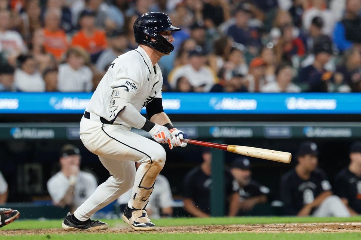 Aug 11, 2026; Detroit, Michigan, USA;  Detroit Tigers third baseman Kevin McGonigle (7) hits an RBI single in the seventh inning against the Cleveland Guardians at Comerica Park. Mandatory Credit: Rick Osentoski-Imagn Images