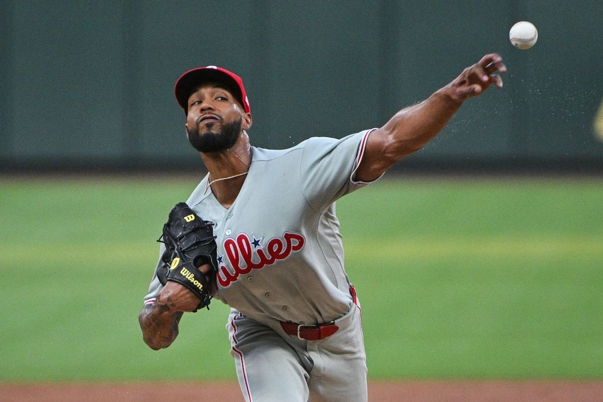 Aug 11, 2026; St. Louis, Missouri, USA; Philadelphia Phillies starting pitcher Cristopher Sanchez (61) throws against the St. Louis Cardinals during the second inning at Busch Stadium. Mandatory Credit: Jeff Curry-Imagn Images