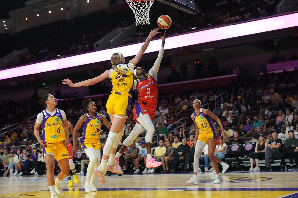 Aug 11, 2026; Los Angeles, California, USA; Phoenix Mercury guard Kahleah Copper (2) shoots the ball against LA Sparks forward Cameron Brink (22) in the first half at the Galen Center. Mandatory Credit: Kirby Lee-Imagn Images