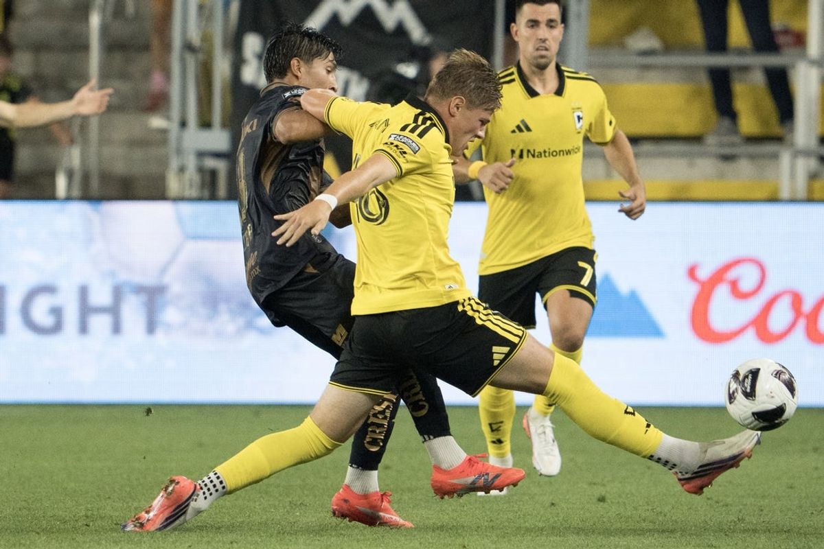 Aug 11, 2026; Columbus, OH, USA; Columbus Crew offense Chase Adams (46) and Pumas UNAM midfielder Victor Arteaga (18) during the second half of a Leagues Cup Phase One match at Scotts Miracle-Gro Field. The Columbus Crew won the match on penalty kicks. Mandatory Credit: Barbara Perenic-Imagn Images