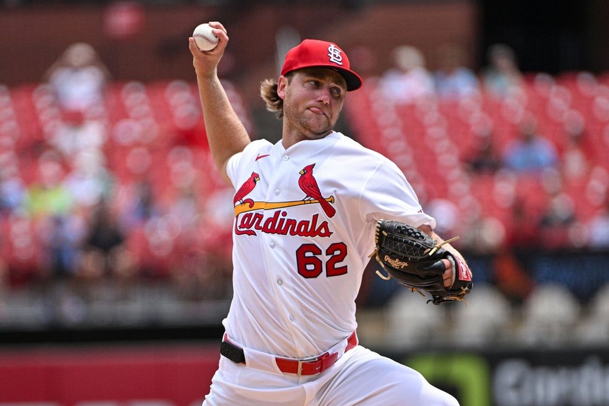 Aug 12, 2026; St. Louis, Missouri, USA; St. Louis Cardinals starting pitcher Kyle Leahy (62) throws against the Philadelphia Phillies during the first inning at Busch Stadium. Mandatory Credit: Jeff Curry-Imagn Images