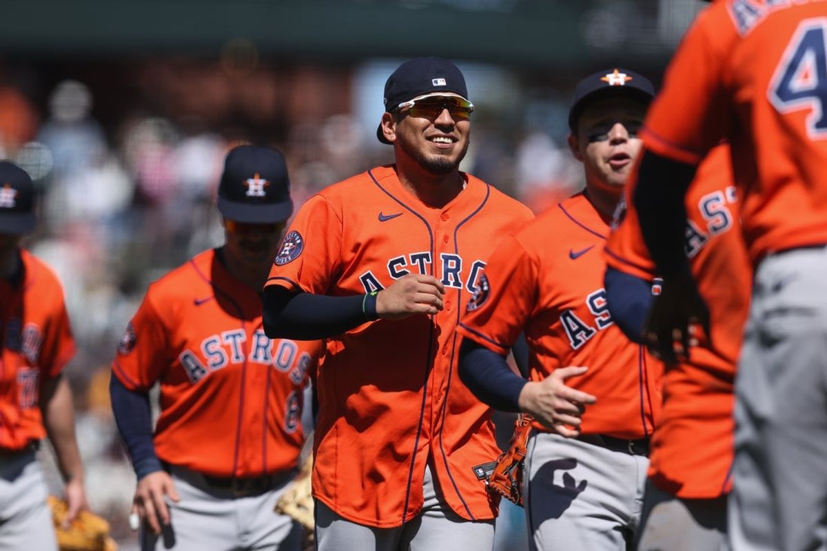 Aug 12, 2026; San Francisco, California, USA; Houston Astros third baseman Isaac Paredes (15) runs off the field after the game against the San Francisco Giants.at Oracle Park. Mandatory Credit: Sergio Estrada-Imagn Images