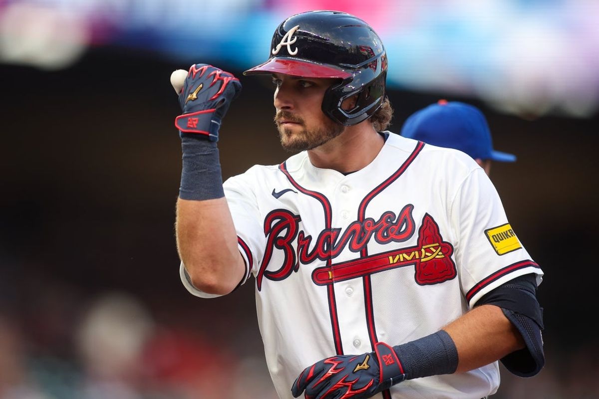 Aug 12, 2026; Atlanta, Georgia, USA; Atlanta Braves third baseman Austin Riley (27) celebrates after a single against the New York Mets in the second inning at Truist Park. Mandatory Credit: Brett Davis-Imagn Images