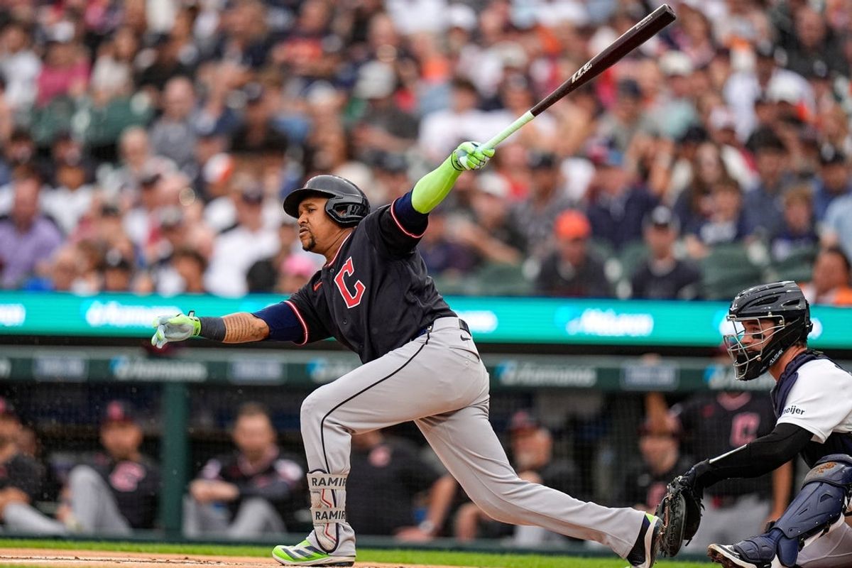 Cleveland Guardians third baseman José Ramírez (11) bats against Detroit Tigers during the first inning at Comerica Park in Detroit on Wednesday, August 12, 2026.