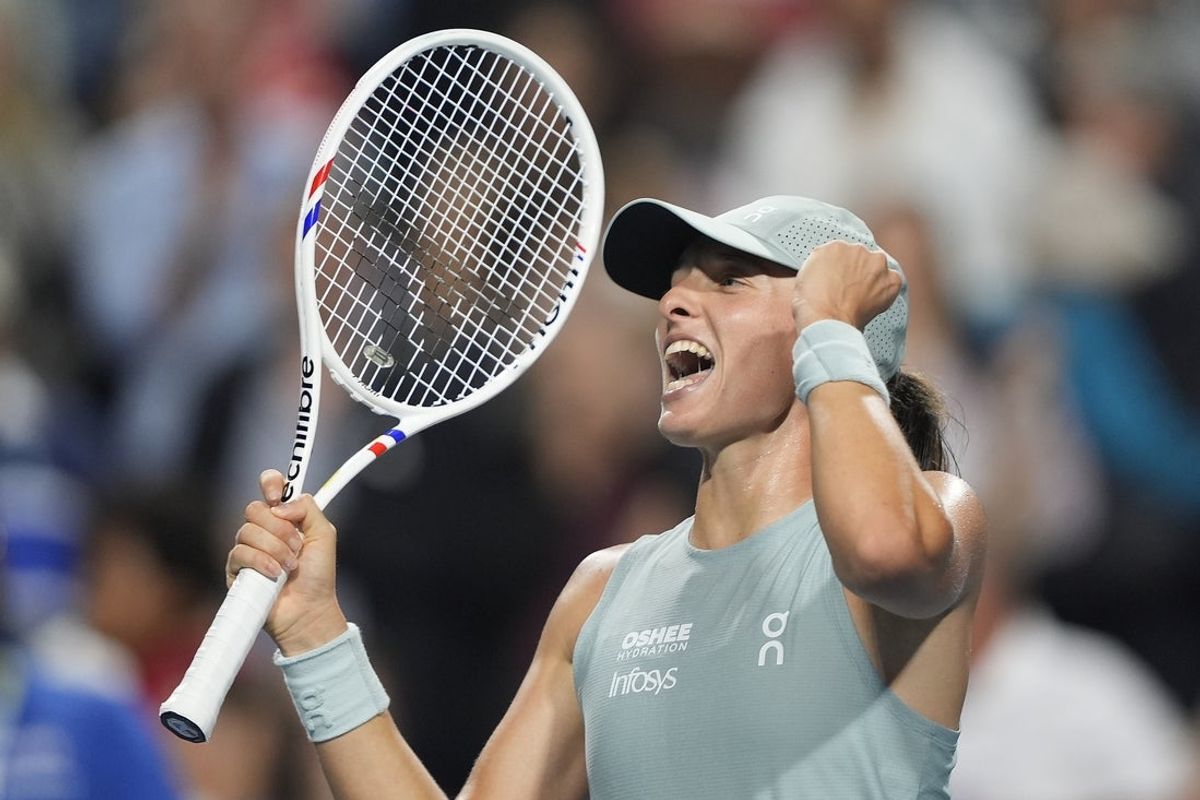 Aug 12, 2026; Toronto, Ontario, Canada; Iga Swiatek (POL) reacts after defeating Elina Svitolina (not pictured) in their semi final match at the National Bank Open at Sobeys Stadium. Mandatory Credit: John E. Sokolowski-Imagn Images