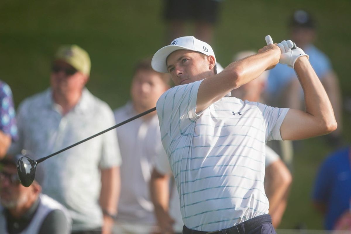 Jordan Spieth tees off on the first hole during the first round of the FedEx St. Jude Championship at TPC Southwind in Memphis on Aug. 13, 2026.