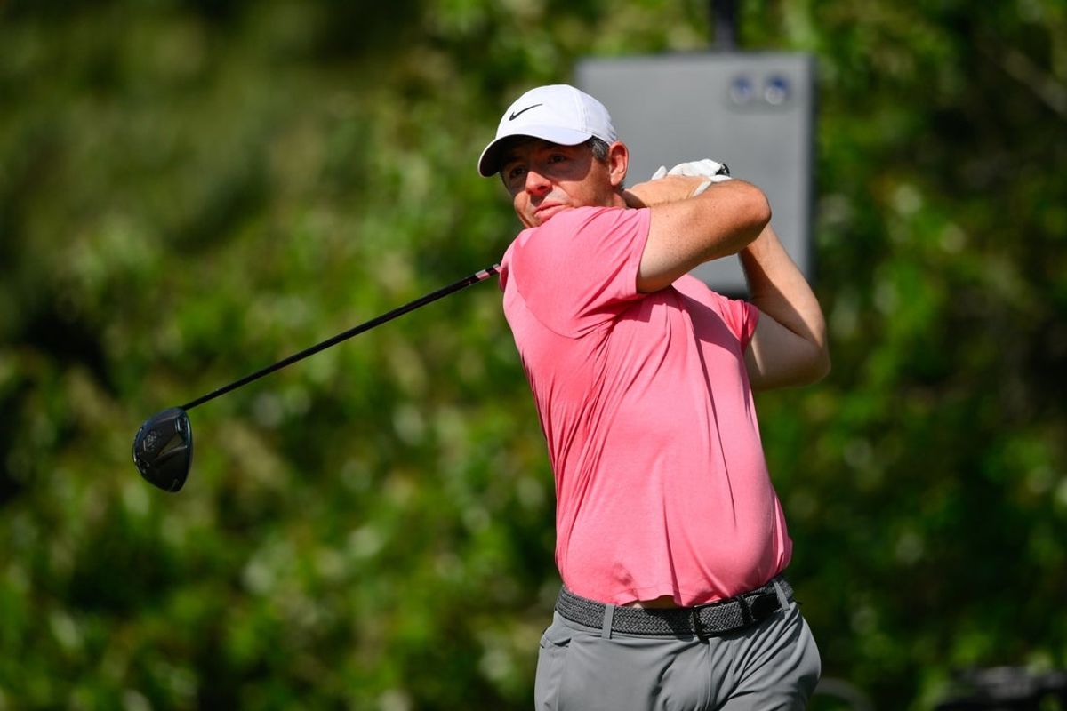 Aug 13, 2026; Memphis, Tennessee, USA; Rory McIlroy plays his shot from the seventh tee during the first round of the FedEx St. Jude Championship golf tournament. Mandatory Credit: Steve Roberts-Imagn Images