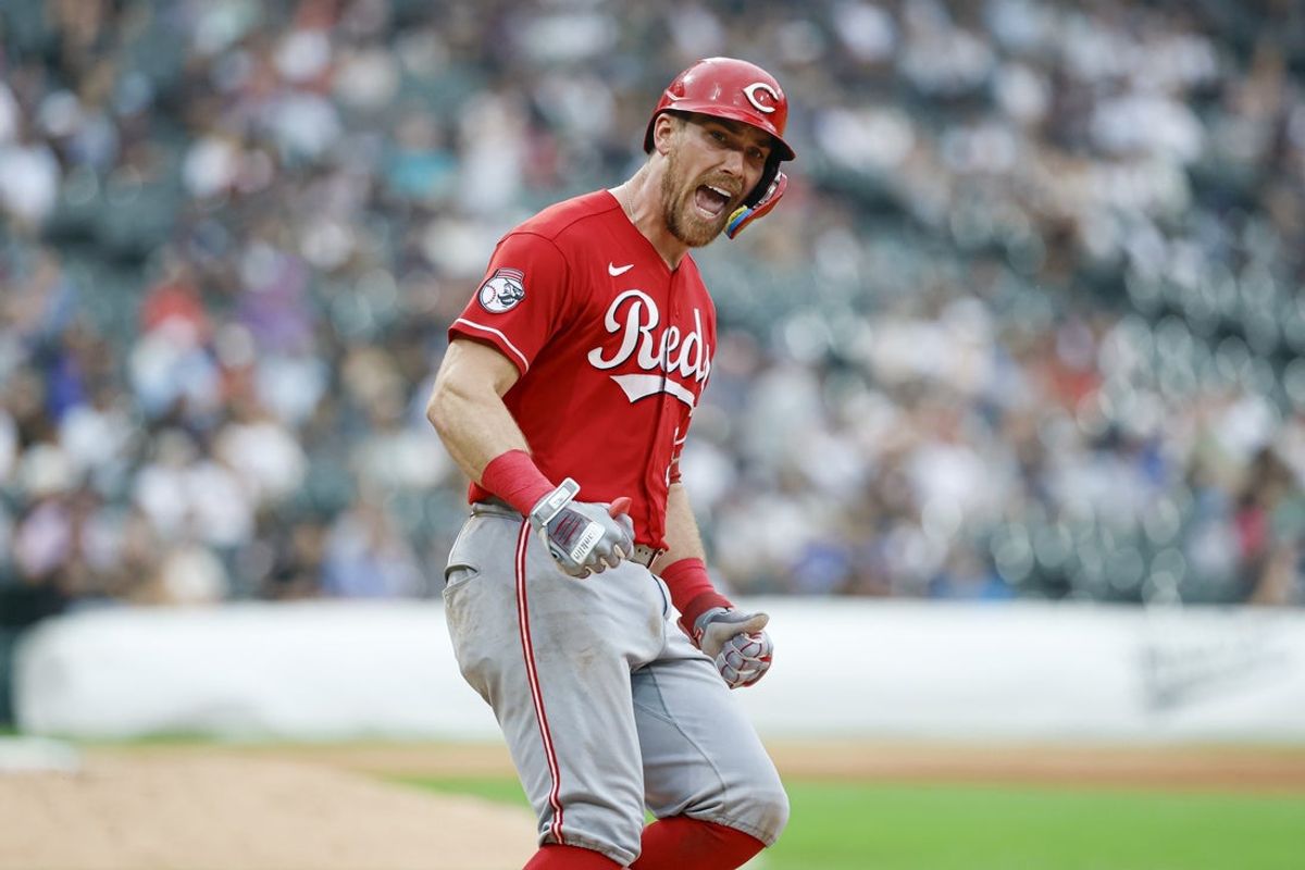 Aug 13, 2026; Chicago, Illinois, USA; Cincinnati Reds catcher Tyler Stephenson (37) reacts after hitting a three-run home run against the Chicago White Sox during the fourth inning at Rate Field. Mandatory Credit: Kamil Krzaczynski-Imagn Images
