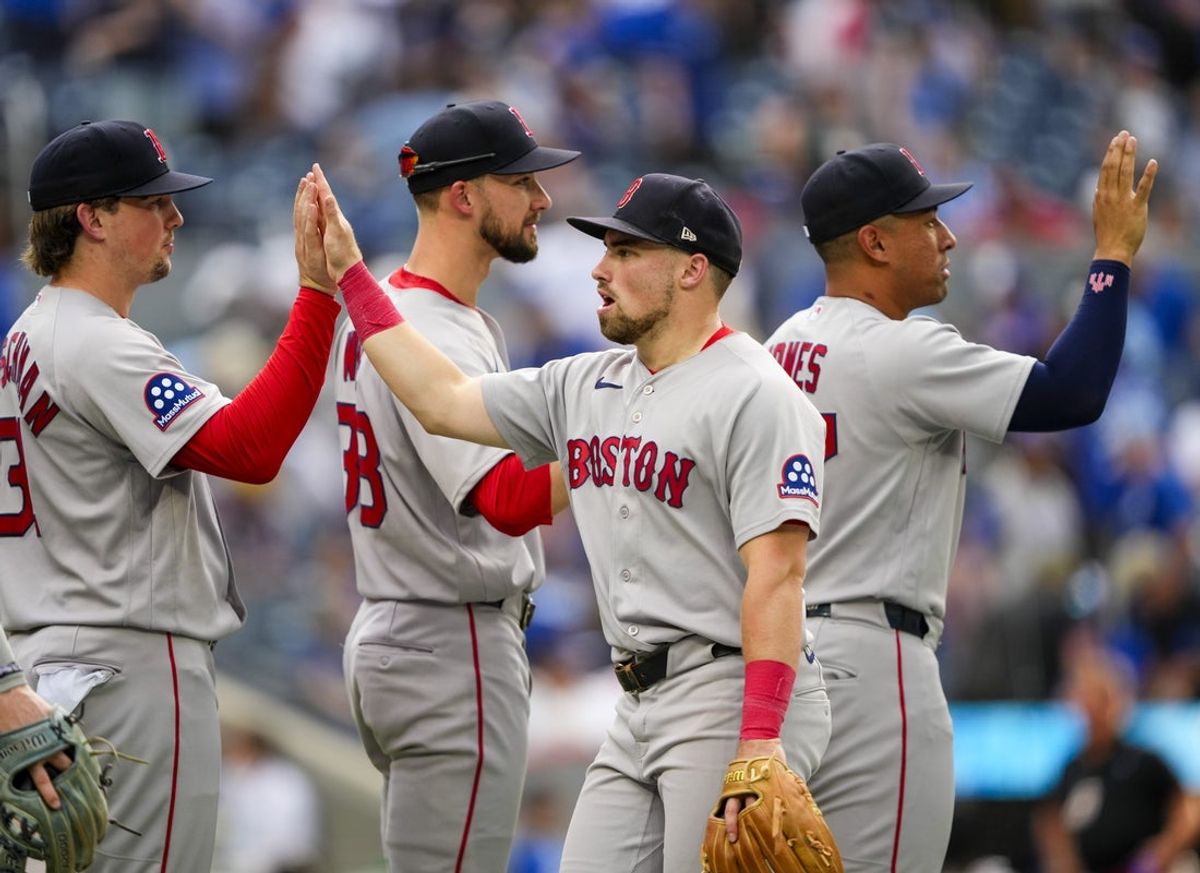 Aug 13, 2026; Toronto, Ontario, CAN;  Boston Red Sox third baseman Caleb Durbin (5) celebrates with Boston Red Sox catcher Adley Rutschman (31) after defeating the Toronto Blue Jays at Rogers Centre. Mandatory Credit: Kevin Sousa-Imagn Images