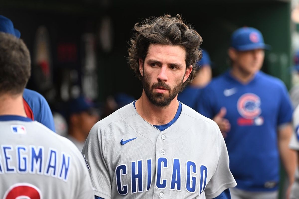 Aug 13, 2026; Washington, District of Columbia, USA; Chicago Cubs shortstop Dansby Swanson (7) in the dugout before the game against the Washington Nationals at Nationals Park. Mandatory Credit: Brad Mills-Imagn Images