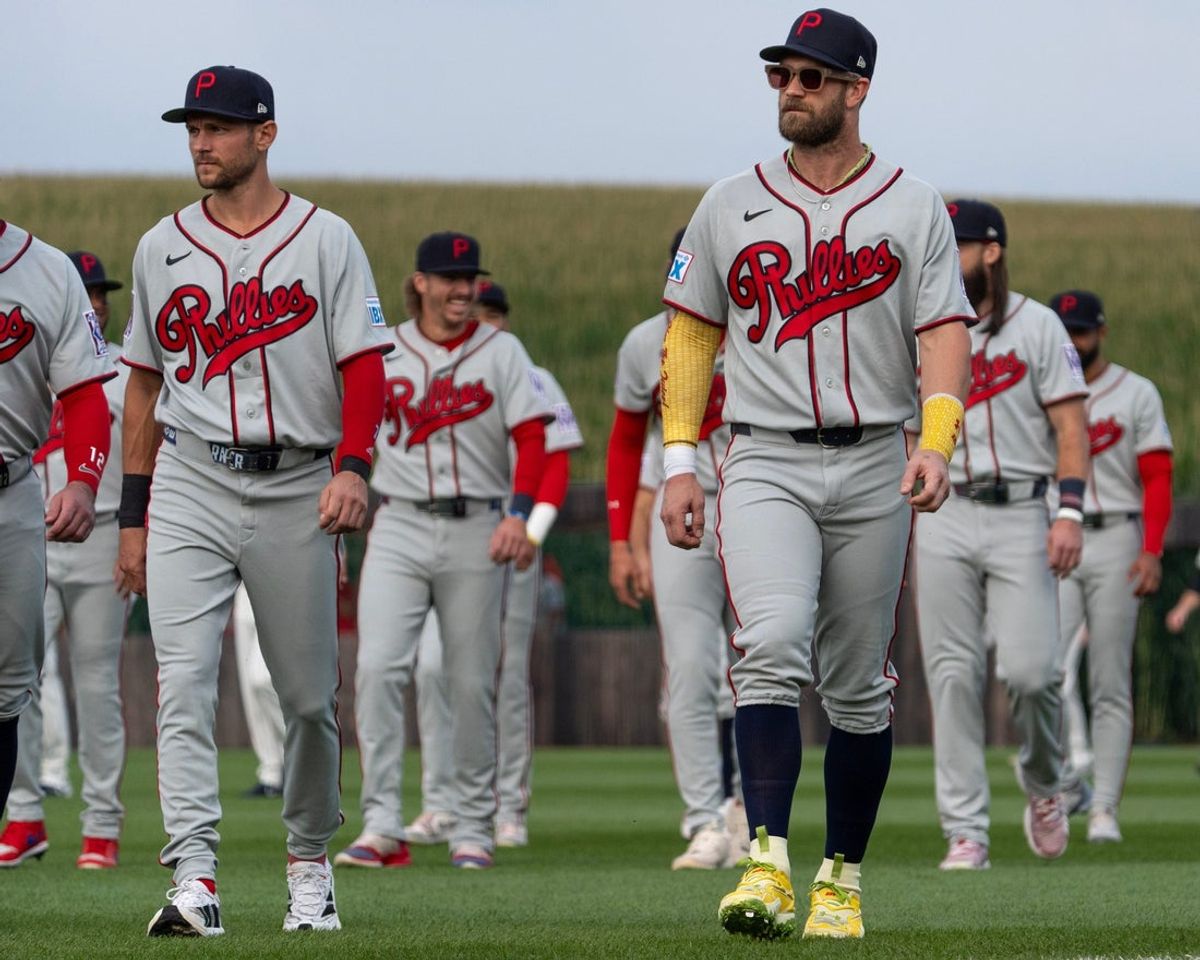 Philadelphia Phillies outfielder Bryce Harper (3) walks onto the field Aug. 13, 2026 at the Field of Dreams in Dyersville, Iowa.
