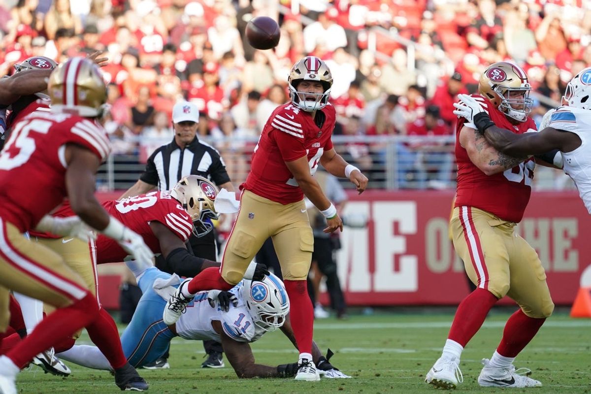 Aug 13, 2026; Santa Clara, California, USA;  San Francisco 49ers quarterback Kurtis Rourke (14) throws a pass to San Francisco 49ers wide receiver De'zhaun Stribling (15) during a game against the Tennessee Titans in the first quarter at Levi's Stadium. Mandatory Credit: David Gonzales-Imagn Images