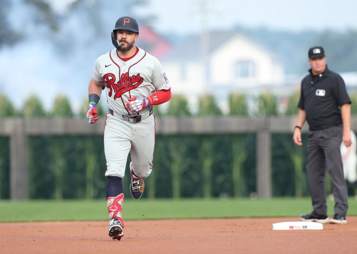 Aug 13, 2026; Dyersville, Iowa, USA;  Philadelphia Phillies designated hitter Kyle Schwarber (12) leads off the game with a home run against the Minnesota Twins at the Field of Dreams. Mandatory Credit: Reese Strickland-Imagn Images