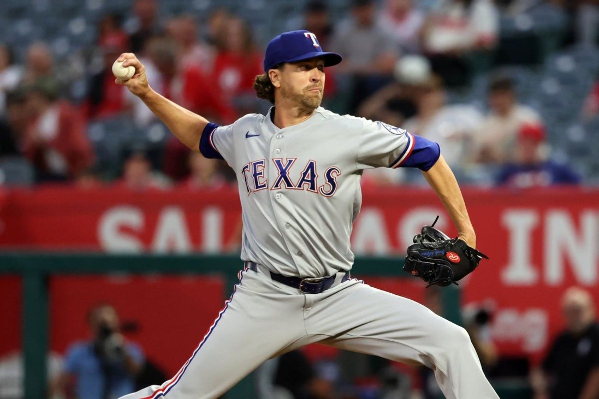 Aug 13, 2026; Anaheim, California, USA;  Texas Rangers pitcher Jacob Degrom (48) pitches during the second inning against the Los Angeles Angels at Angel Stadium. Mandatory Credit: Kiyoshi Mio-Imagn Images