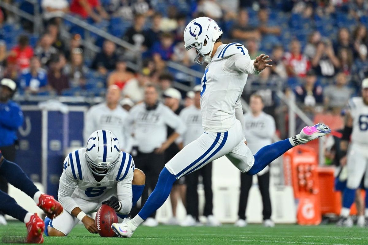 Aug 13, 2026; Foxborough, Massachusetts, USA; Indianapolis Colts place kicker Spencer Shrader (3) kicks a field goal against the New England Patriots during the second half at Gillette Stadium. Mandatory Credit: Eric Canha-Imagn Images