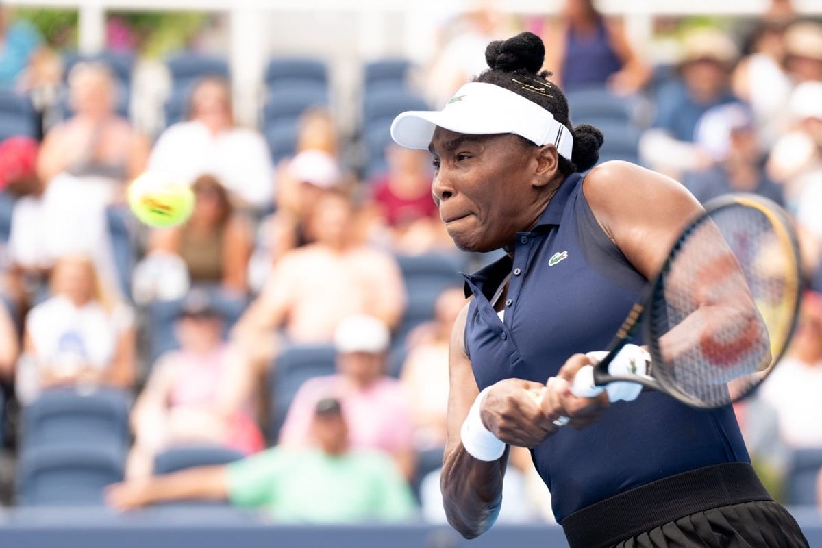 Venus Williams, of the United States, returns to Emiliana Arango, of Colombia, at the Cincinnati Open at the Lindner Family Tennis Center in Mason, Ohio, on Friday, August 14, 2026.