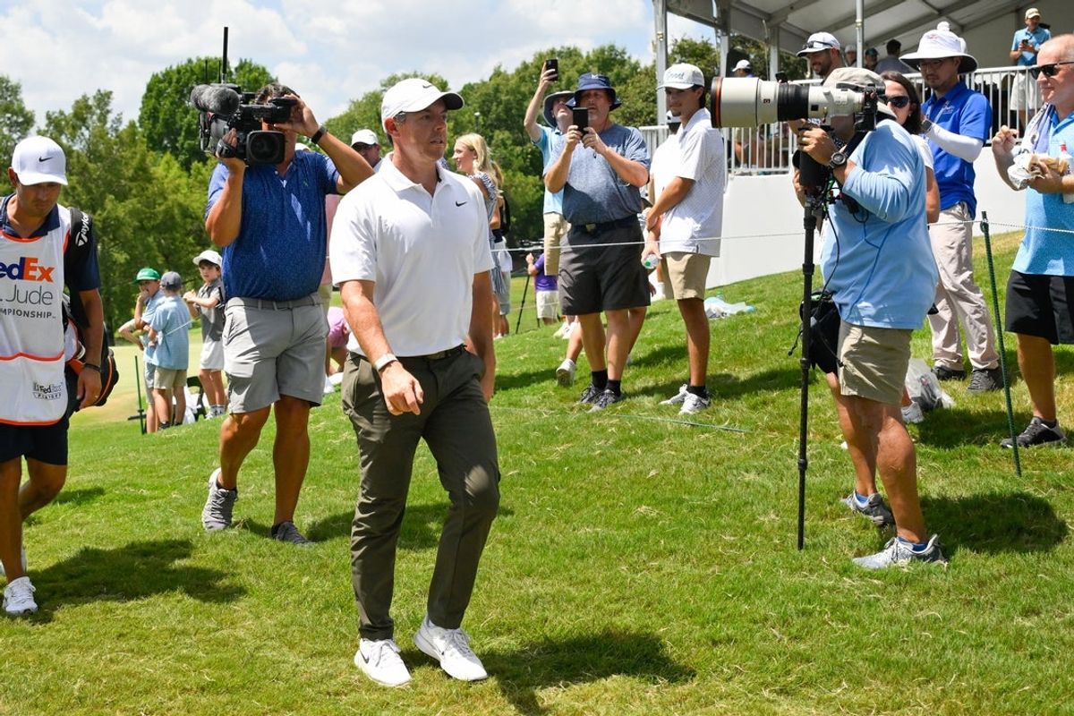 Aug 14, 2026; Memphis, Tennessee, USA; Rory McIlroy walks off the ninth green during the second round of the FedEx St. Jude Championship golf tournament. Mandatory Credit: Steve Roberts-Imagn Images