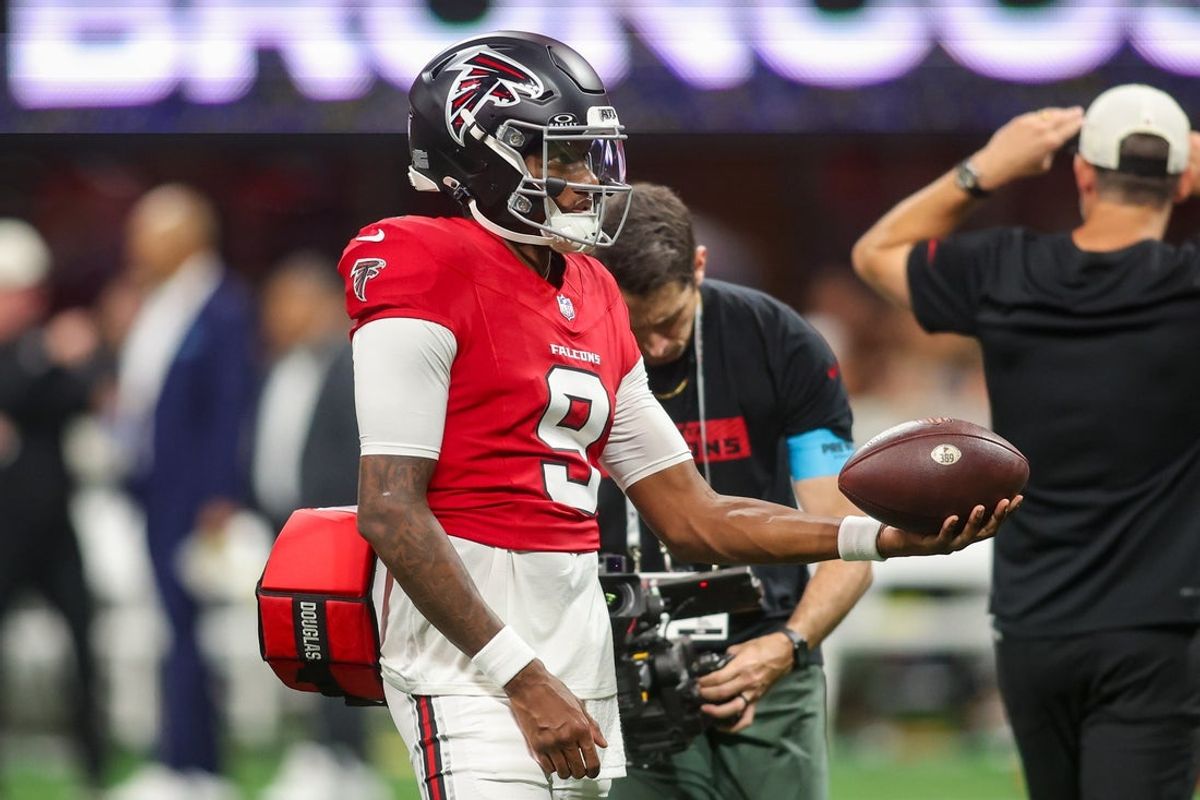 Aug 14, 2026; Atlanta, Georgia, USA; Atlanta Falcons quarterback Michael Penix Jr. (9) warms up before a game against the Denver Broncos at Mercedes-Benz Stadium. Mandatory Credit: Brett Davis-Imagn Images