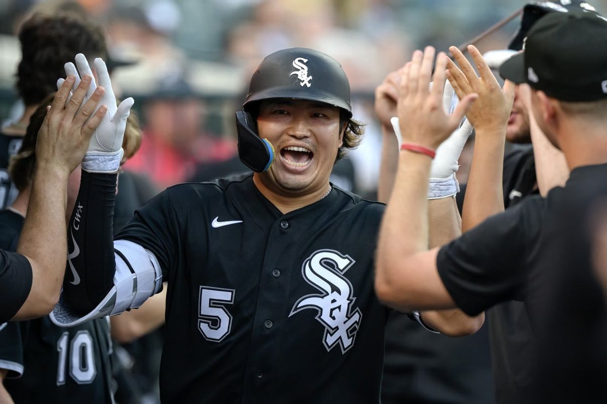 Aug 14, 2026; Detroit, Michigan, USA;  Chicago White Sox first baseman Munetaka Murakami (5) celebrates in the dugout after hitting a solo home run against the Detroit Tigers in the fourth inning at Comerica Park. Mandatory Credit: Lon Horwedel-Imagn Images
