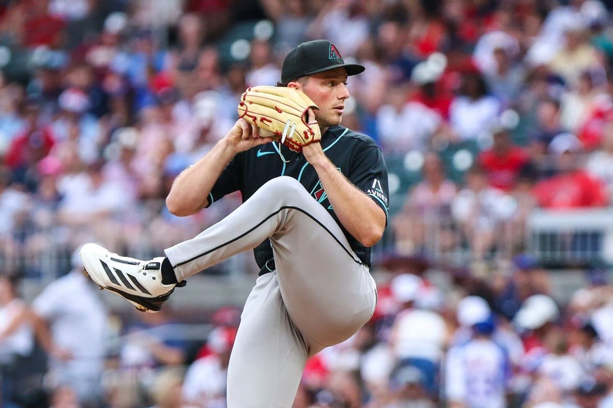 Aug 14, 2026; Cumberland, Georgia, USA; Arizona Diamondbacks pitcher Brandon Pfaadt (32) pitched the ball against the Atlanta Braves during the first inning at Truist Park. Mandatory Credit: Jordan Godfree-Imagn Images