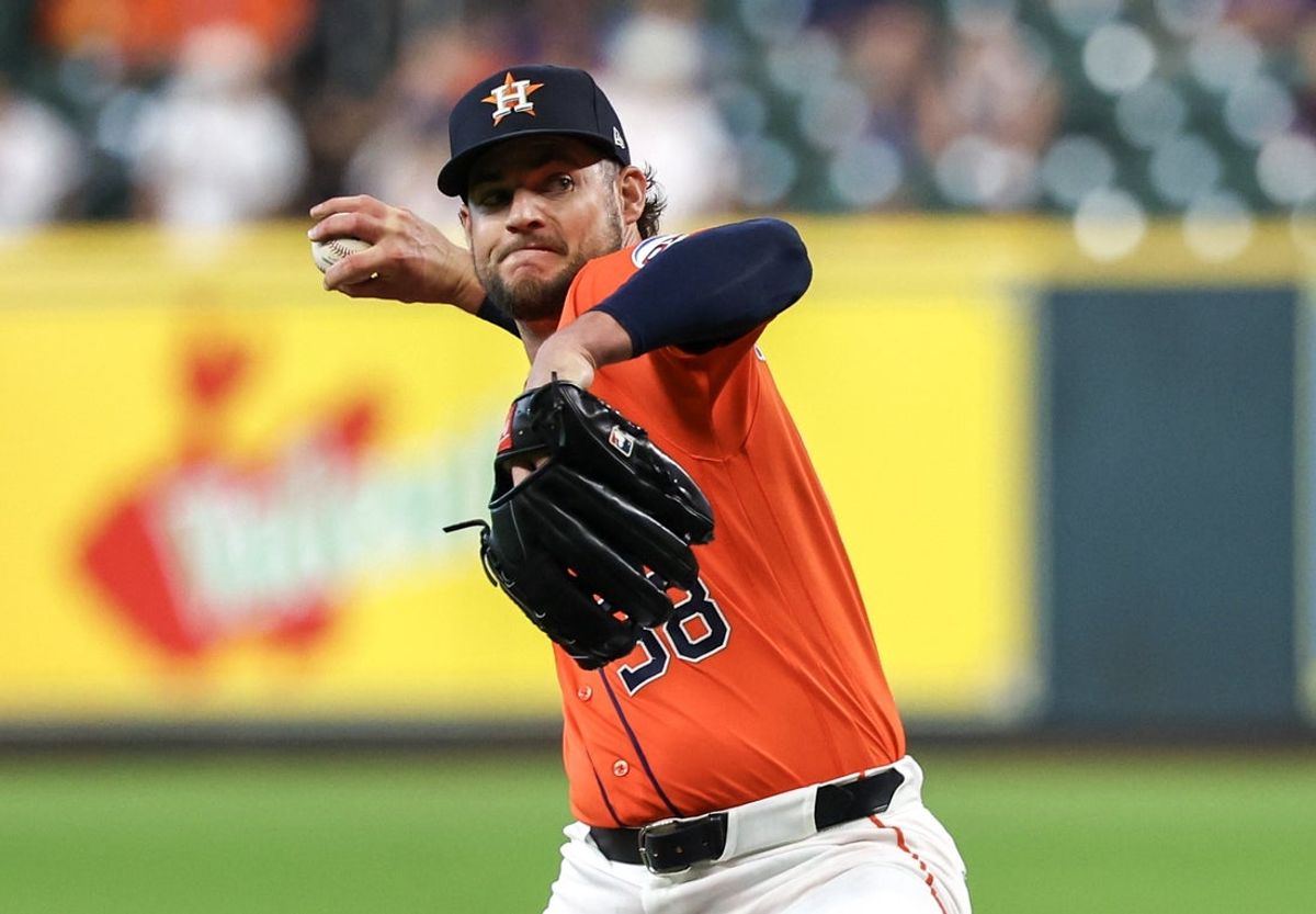 Aug 14, 2026; Houston, Texas, USA; Houston Astros starting pitcher Peter Lambert (38) pitches against the Seattle Mariners in the first inning at Daikin Park. Mandatory Credit: Thomas Shea-Imagn Images