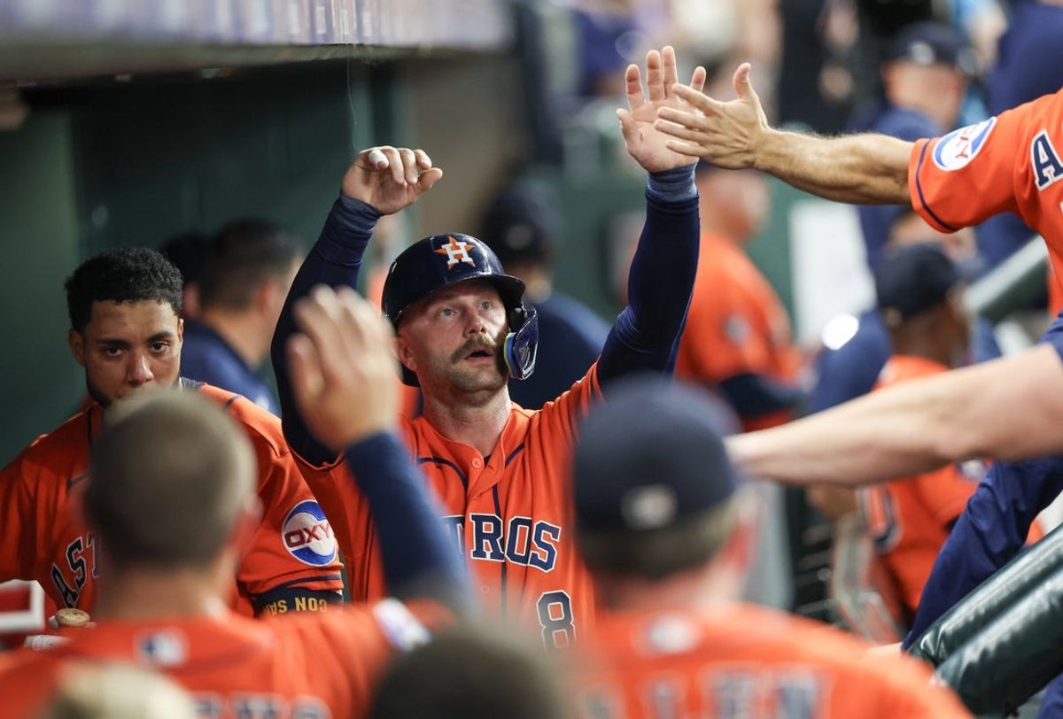 Aug 14, 2026; Houston, Texas, USA; Houston Astros first baseman Christian Walker (8) celebrates his run against the Seattle Mariners in the second inning at Daikin Park. Mandatory Credit: Thomas Shea-Imagn Images