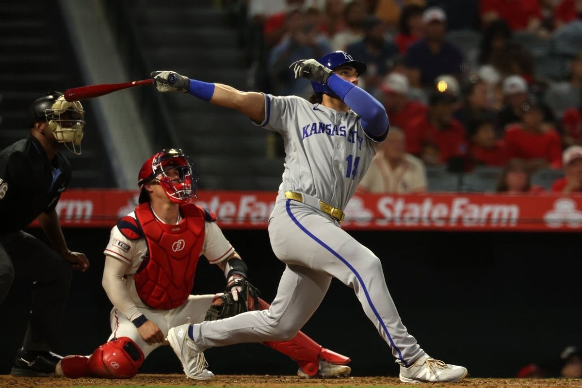 Aug 14, 2026; Anaheim, California, USA;  Kansas City Royals first baseman Jac Caglianone (14) hits a two-run home run during the fifth inning against the Los Angeles Angels at Angel Stadium. Mandatory Credit: Kiyoshi Mio-Imagn Images