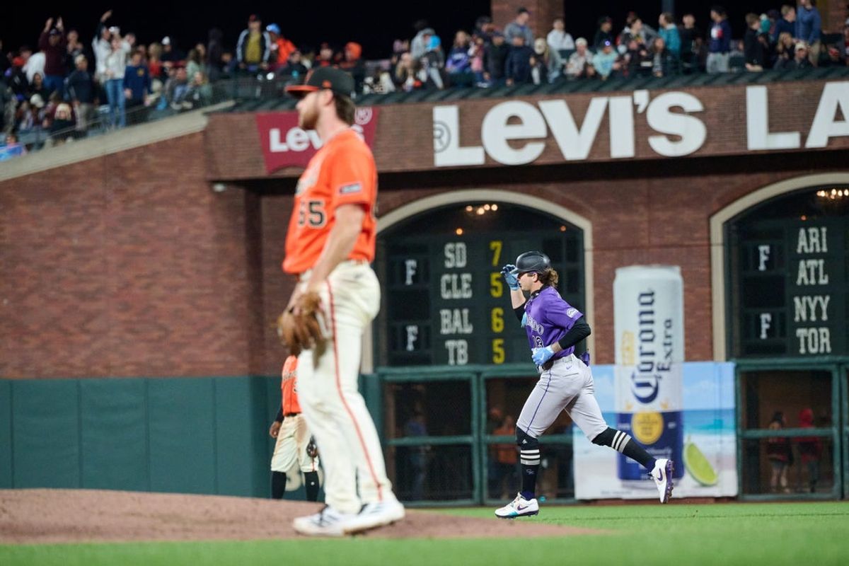 Aug 14, 2026; San Francisco, California, USA; Colorado Rockies outfielder Zac Veen (13) runs the bases after hitting a two run home run against San Francisco Giants starting pitcher Landen Roupp (65) during the sixth inning at Oracle Park. Mandatory Credit: Robert Edwards-Imagn Images