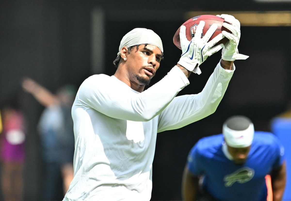Aug 15, 2026; Orchard Park, New York, USA; Buffalo Bills wide receiver Keon Coleman (0) warms up before a pre-season game against the Carolina Panthers at the New Highmark Stadium. Mandatory Credit: Mark Konezny-Imagn Images
