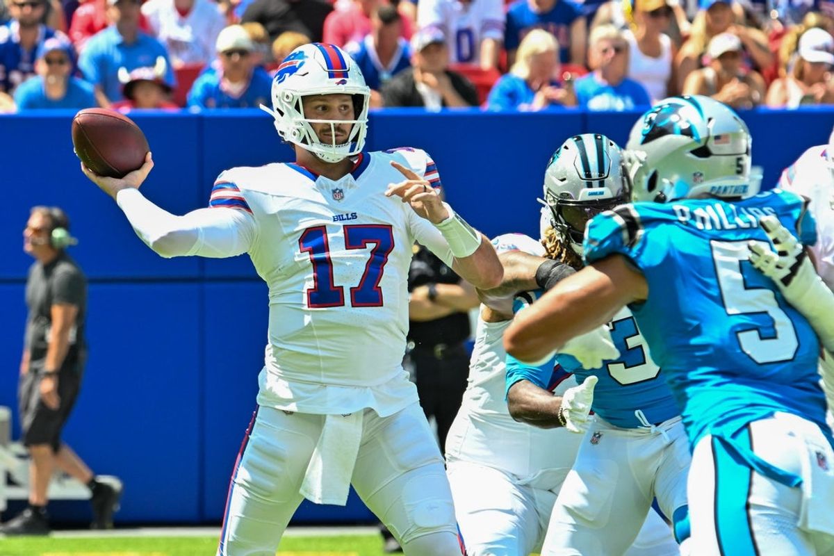Aug 15, 2026; Orchard Park, New York, USA; Buffalo Bills quarterback Josh Allen (17) throws a pass in the first quarter against the Carolina Panthers at the New Highmark Stadium. Mandatory Credit: Mark Konezny-Imagn Images