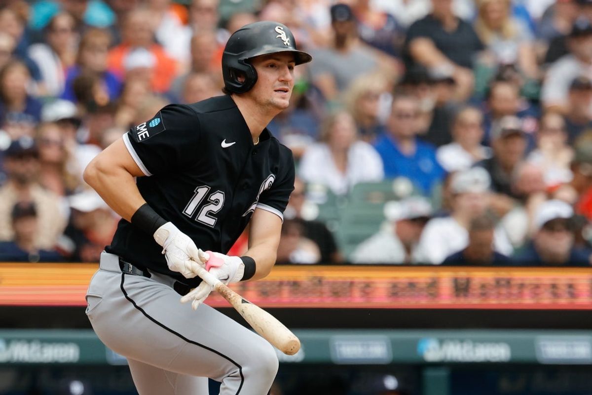 Aug 15, 2026; Detroit, Michigan, USA;  Chicago White Sox shortstop Colson Montgomery (12) hits a two hits an RBI double in the third inning against the Detroit Tigers at Comerica Park. Mandatory Credit: Rick Osentoski-Imagn Images