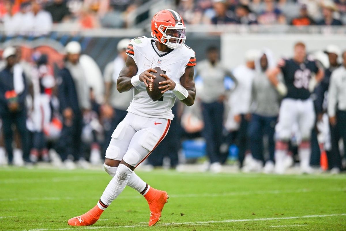 Aug 15, 2026; Chicago, Illinois, USA; Cleveland Browns quarterback Deshaun Watson (4) looks to pass the ball against the Chicago Bears during the first half at Soldier Field. Mandatory Credit: Patrick Gorski-Imagn Images