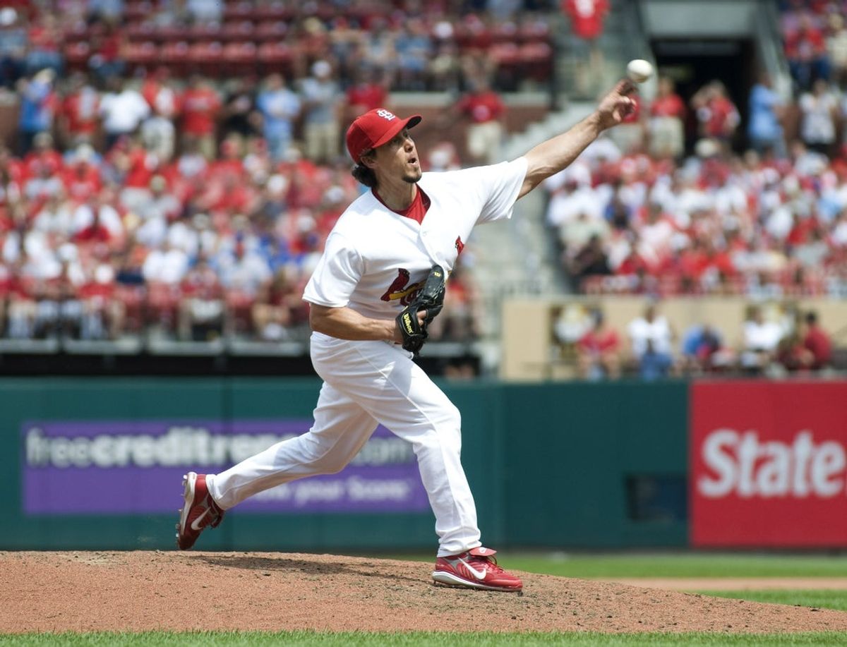 June 19, 2008; St, Louis, MO, USA; St. Louis Cardinals relief pitcher Randy Flores (34) delivers a pitch in the eighth inning against the Kansas City Royals at Busch Stadium. Kansas City defeated St. Louis 4-1. Mandatory Credit: Jeff Curry-Imagn Images