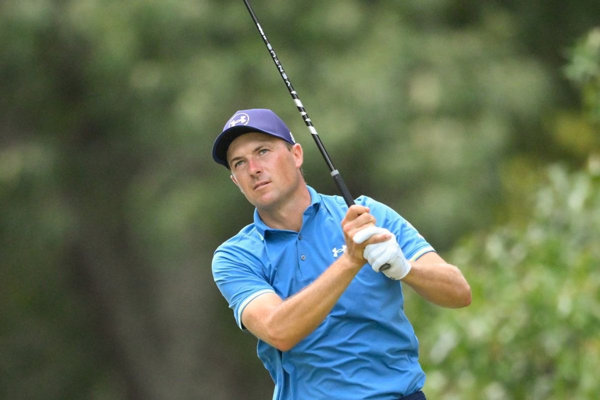 Aug 15, 2026; Memphis, Tennessee, USA; Jordan Spieth plays his shot from the seventh tee during the third round of the FedEx St. Jude Championship golf tournament. Mandatory Credit: Steve Roberts-Imagn Images