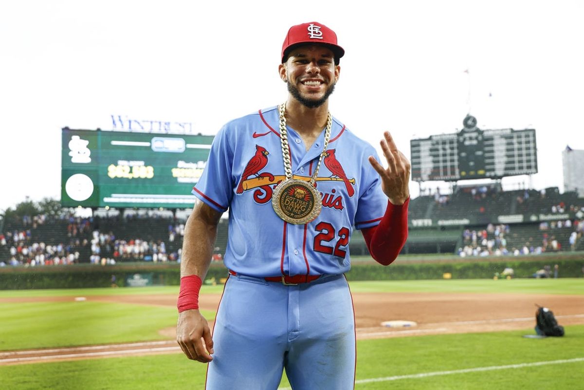 Aug 15, 2026; Chicago, Illinois, USA; St. Louis Cardinals left fielder Joshua Baez (22) celebrates after a baseball game against the Chicago Cubs at Wrigley Field. Mandatory Credit: Kamil Krzaczynski-Imagn Images