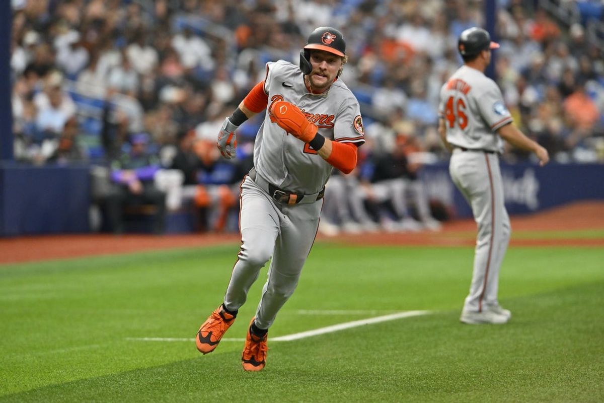 Aug 15, 2026; St. Petersburg, Florida, USA; Baltimore Orioles second baseman Gunnar Henderson (2) runs to home during the second inning against Tampa Bay Rays at Tropicana Field. Mandatory Credit: Pablo Robles-Imagn Images