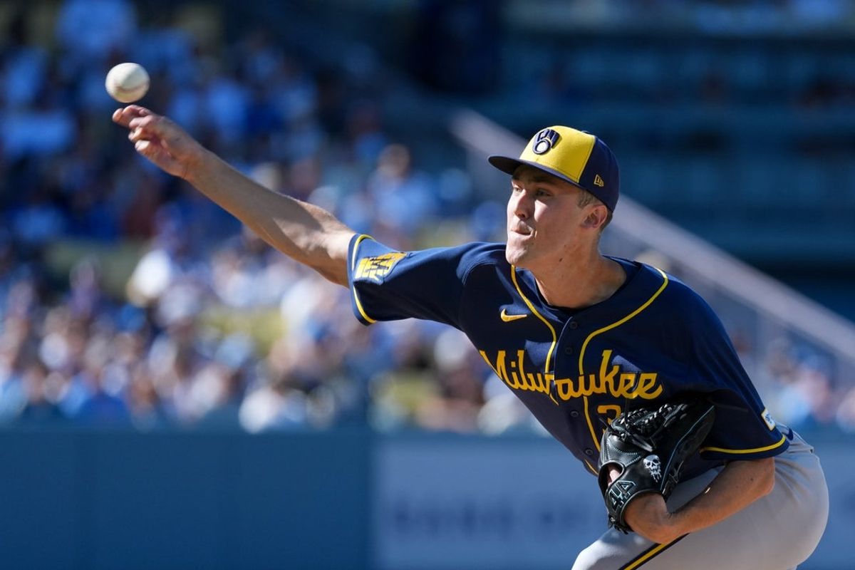 Aug 15, 2026; Los Angeles, California, USA; Milwaukee Brewers pitcher Jacob Misiorowski (32) throws a pitch against the Los Angeles Dodgers during the first inning at Dodger Stadium. Mandatory Credit: Kirby Lee-Imagn Images