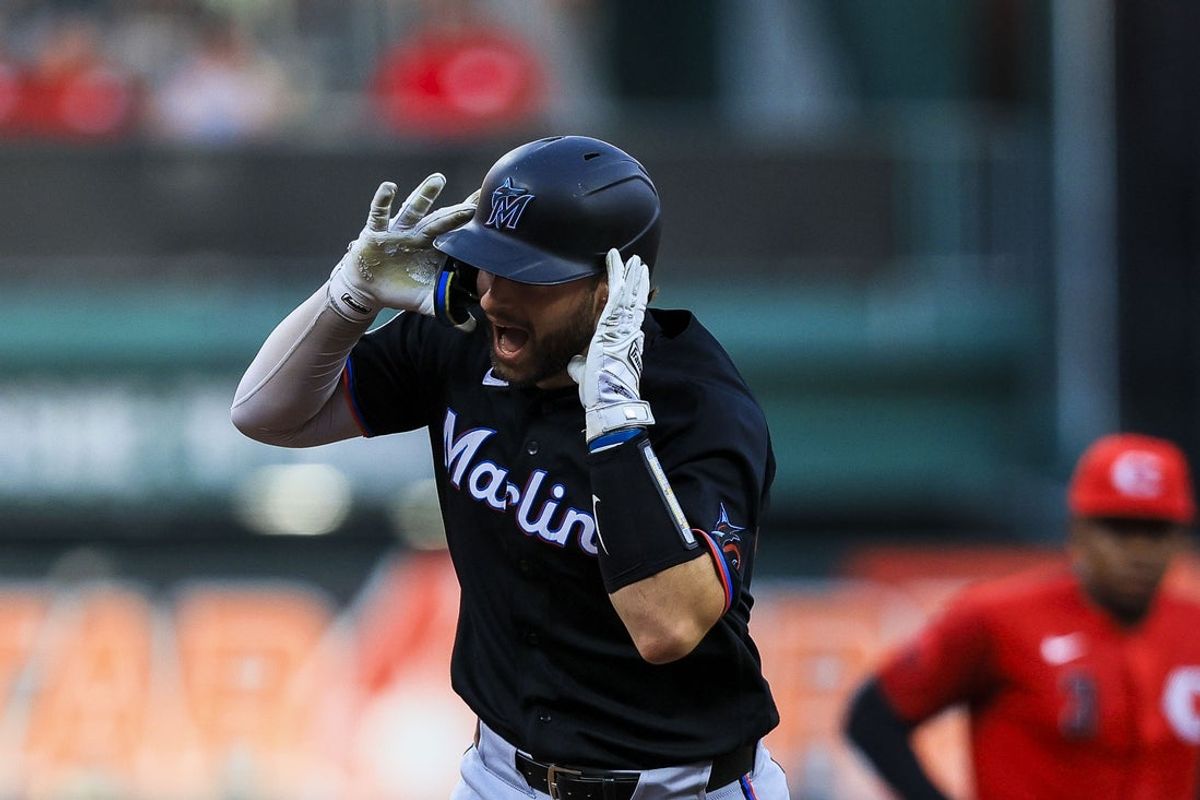 Aug 15, 2026; Cincinnati, Ohio, USA; Miami Marlins catcher Joe Mack (80) reacts after hitting a solo home run in the fourth inning against the Cincinnati Reds at Great American Ball Park. Mandatory Credit: Katie Stratman-Imagn Images