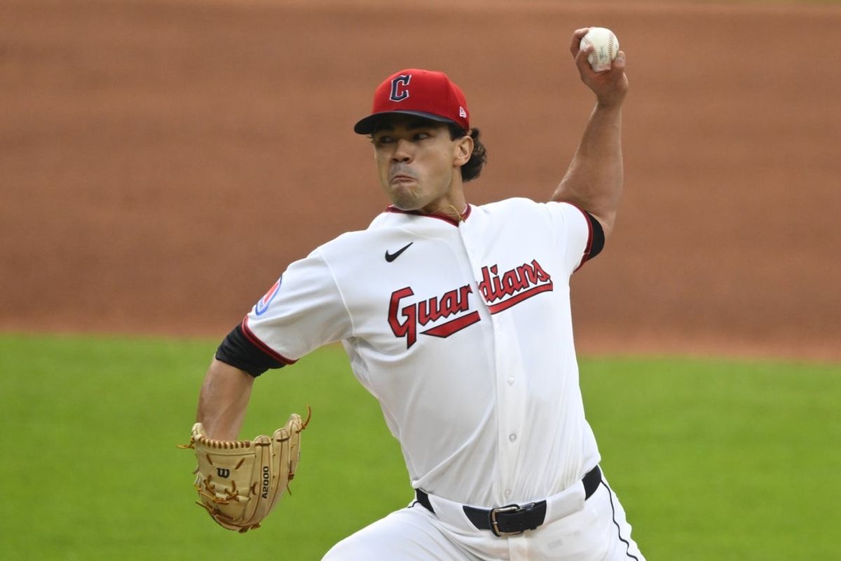 Aug 15, 2026; Cleveland, Ohio, USA; Cleveland Guardians starting pitcher Joey Cantillo (54) delivers a pitch in the first inning against the San Diego Padres at Progressive Field. Mandatory Credit: David Richard-Imagn Images